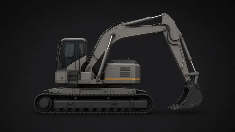 Side view of an excavator. Choose a labeled point to see the fluid for that system.