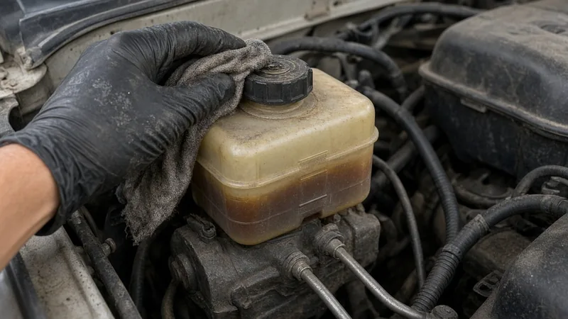 Gloved hand wiping the cap of a yellowed brake fluid reservoir with dark amber fluid inside before opening it