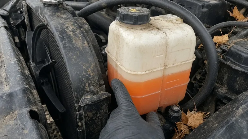 Gloved finger pointing at the orange coolant level in a dusty, yellowed overflow tank between its molded level lines
