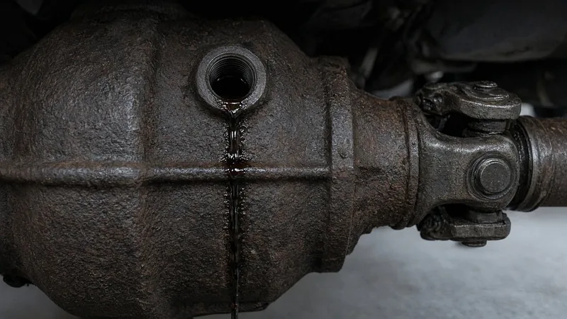 Open fill hole on the side of a rusty rear differential housing, plug removed, with a thin run of gear lube weeping down the casting next to the driveshaft U-joint