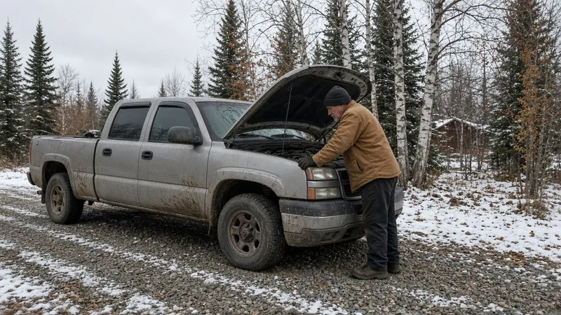 Man in a canvas jacket standing at the front corner of a mud-splashed pickup, leaning over the fender under the propped hood on a snowy gravel driveway, birch and spruce behind