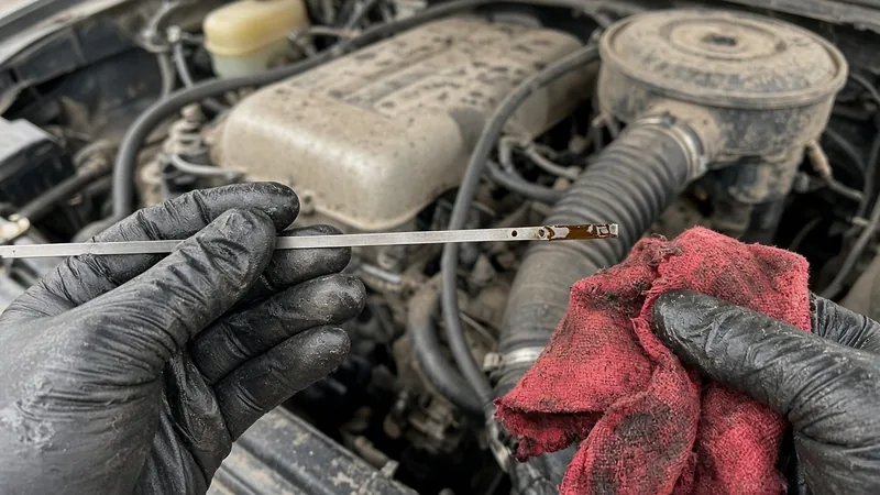 Gloved hand holding a just-pulled engine oil dipstick with used oil on the tip, a red shop rag in the other hand