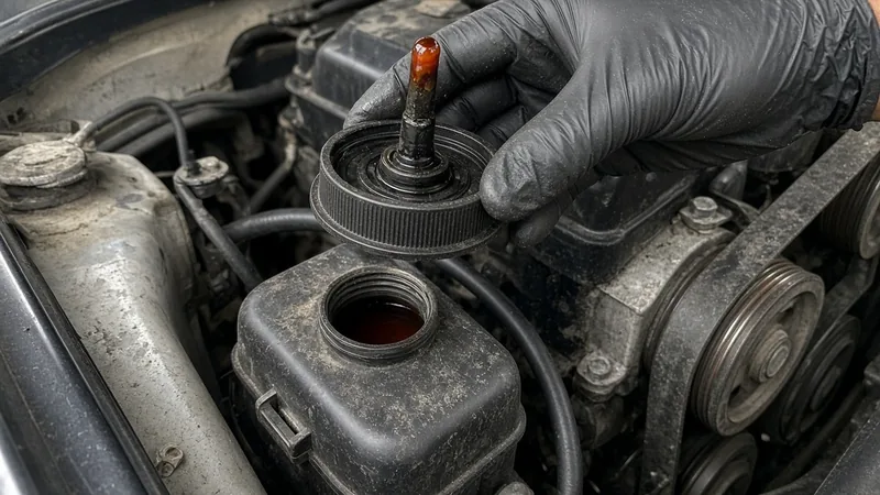 Gloved hand holding a power steering reservoir cap upside down, its built-in dipstick wet with fluid, above the open reservoir