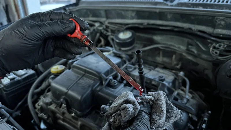 Gloved hand holding a just-pulled transmission dipstick by its red handle, translucent red fluid on the tip, over a shop rag