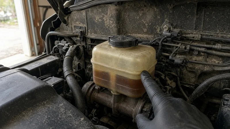 Dusty, yellowed brake fluid reservoir on the master cylinder with darker amber fluid at the level line and a gloved finger pointing at the level