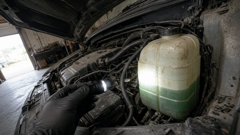 Gloved hand shining a flashlight on a dusty, yellowed coolant overflow tank to show the green coolant level against the molded level lines