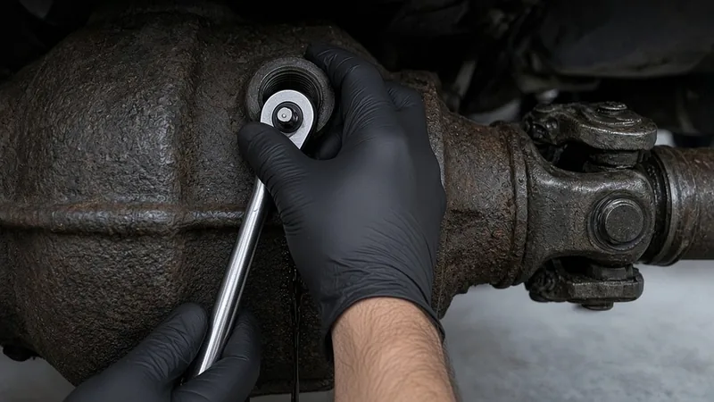 Gloved hand turning a 3/8-inch ratchet in the fill plug on the side of a rusty rear differential housing next to the driveshaft U-joint, the other hand steadying the handle