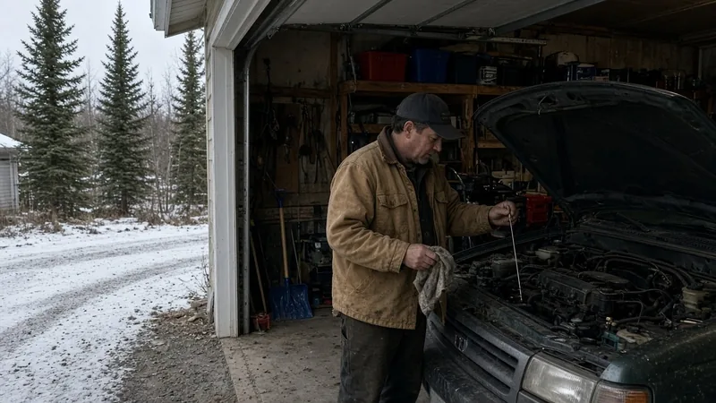 Man in a canvas work jacket reading the engine oil dipstick under the hood of an older SUV in an open garage, rag in hand, with a snowy gravel driveway and spruce trees outside