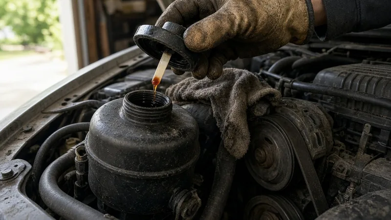Leather-gloved hand lifting a power steering reservoir cap with a short dipstick, fluid on the tip, above the open reservoir in a grimy engine bay
