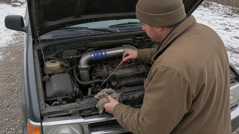 Man in a canvas jacket and beanie pulling the red-handled automatic transmission dipstick from an older pickup on a snowy gravel driveway, shop rag in his other hand