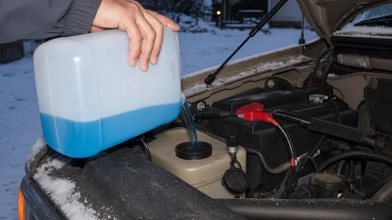 Hand pouring blue winter washer fluid from a plain jug into the washer reservoir of an older truck at dusk, snow on the fender