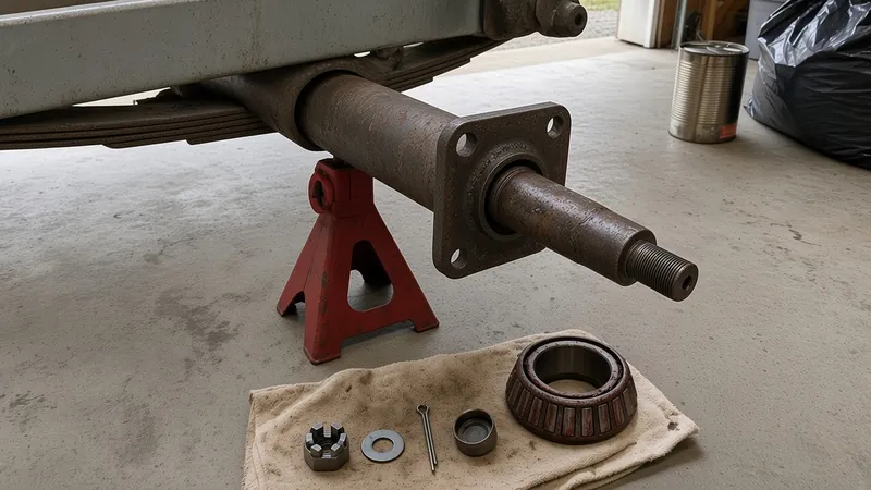Trailer hub removed with bearing hardware laid out on a shop towel