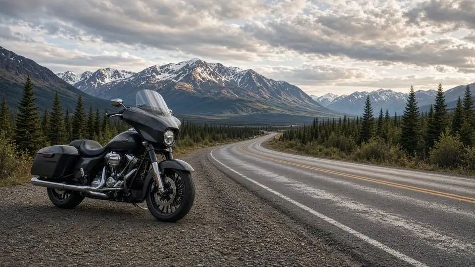 Touring motorcycle with saddlebags parked on an Alaskan highway