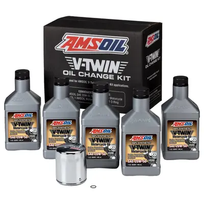 AMSOIL HDMC oil change kit: five quarts of 20W-50 V-Twin oil and a chrome motorcycle oil filter