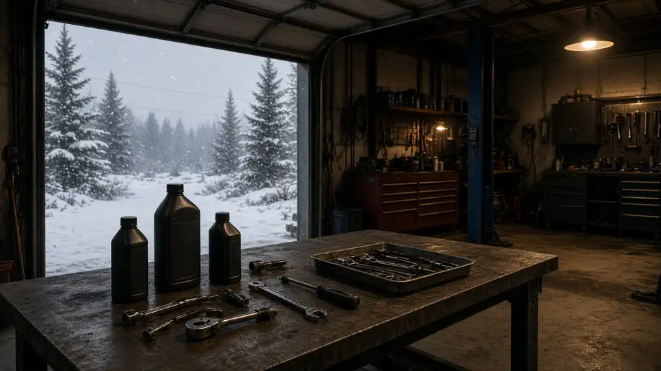 Oil bottles and hand tools on a shop bench, snow falling outside the garage